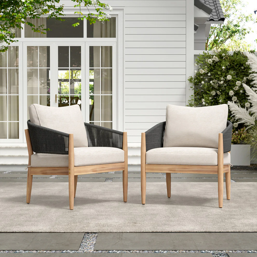 GDF Studio Werne Outdoor Acacia Wood Club Chair, Beige Cushion, Black Rope, Set of 2 - Image 2