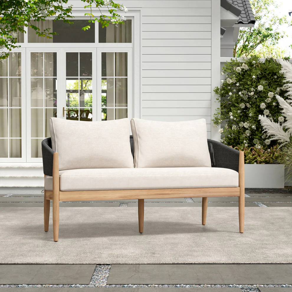 GDF Studio Werne Outdoor Acacia Wood Loveseat, Beige Cushion, Black Rope - Image 2