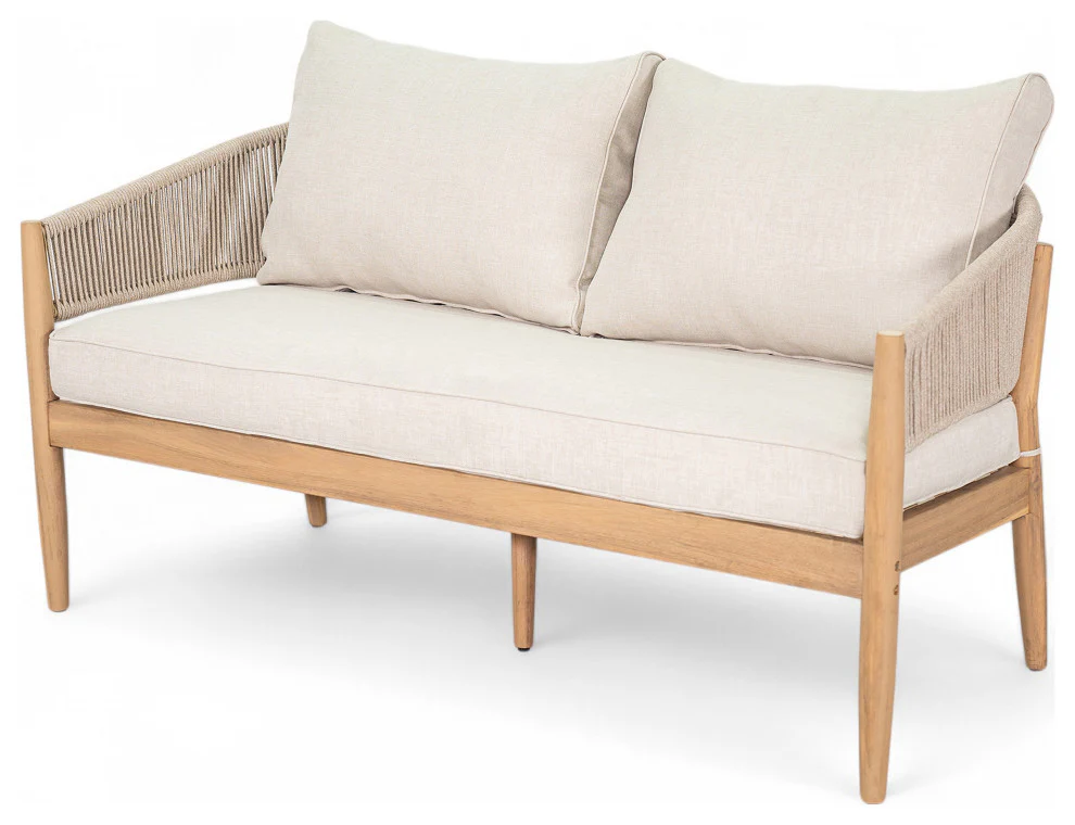 GDF Studio Werne Outdoor Acacia Wood Loveseat, Beige Cushion, Light Brown Rope