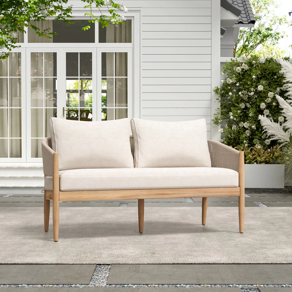 GDF Studio Werne Outdoor Acacia Wood Loveseat, Beige Cushion, Light Brown Rope - Image 2