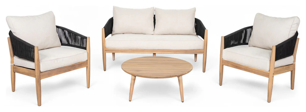 GDF Studio Werne Outdoor Wood Lounge Set, Black Rope, Set of 4