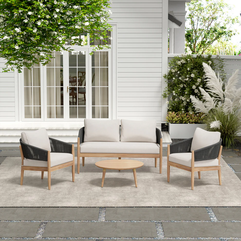 GDF Studio Werne Outdoor Wood Lounge Set, Black Rope, Set of 4 - Image 2