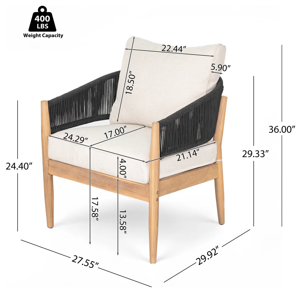 GDF Studio Werne Outdoor Wood Lounge Set, Black Rope, Set of 4 - Image 4