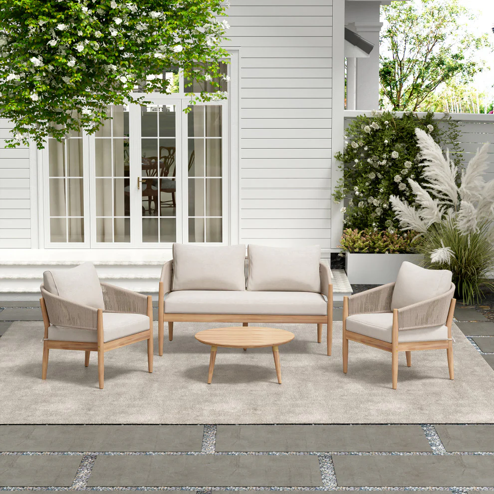 GDF Studio Werne Outdoor Wood Lounge Set, Light Brown Rope, Set of 4 - Image 2